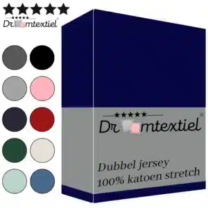 Droomtextiel Dubbel Jersey Hoeslaken Navy Blauw Lits-Jumeaux 180x200 cm - 100% Katoen - Hoge Hoek - Heerlijk Zacht - Strijkvrij - Rondom elastiek - Stretch - Dubbel Dikke Kwaliteit