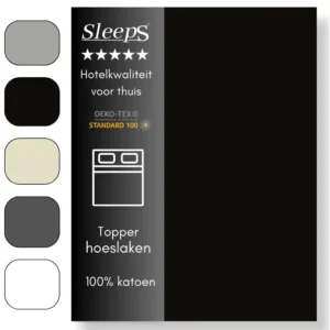 Sleeps Zacht Katoenen Topper Hoeslaken Zwart 180x200 cm - Glad Katoen - Perfecte Pasvorm - Heerlijk Zacht