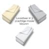 Stapel lakens in drie kleuren: wit, creme, grijs.