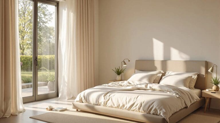 Een serene slaapkamer in de vroege ochtend met luchtig crèmewit katoensatijn beddengoed en zacht zonlicht dat door transparante gordijnen valt.