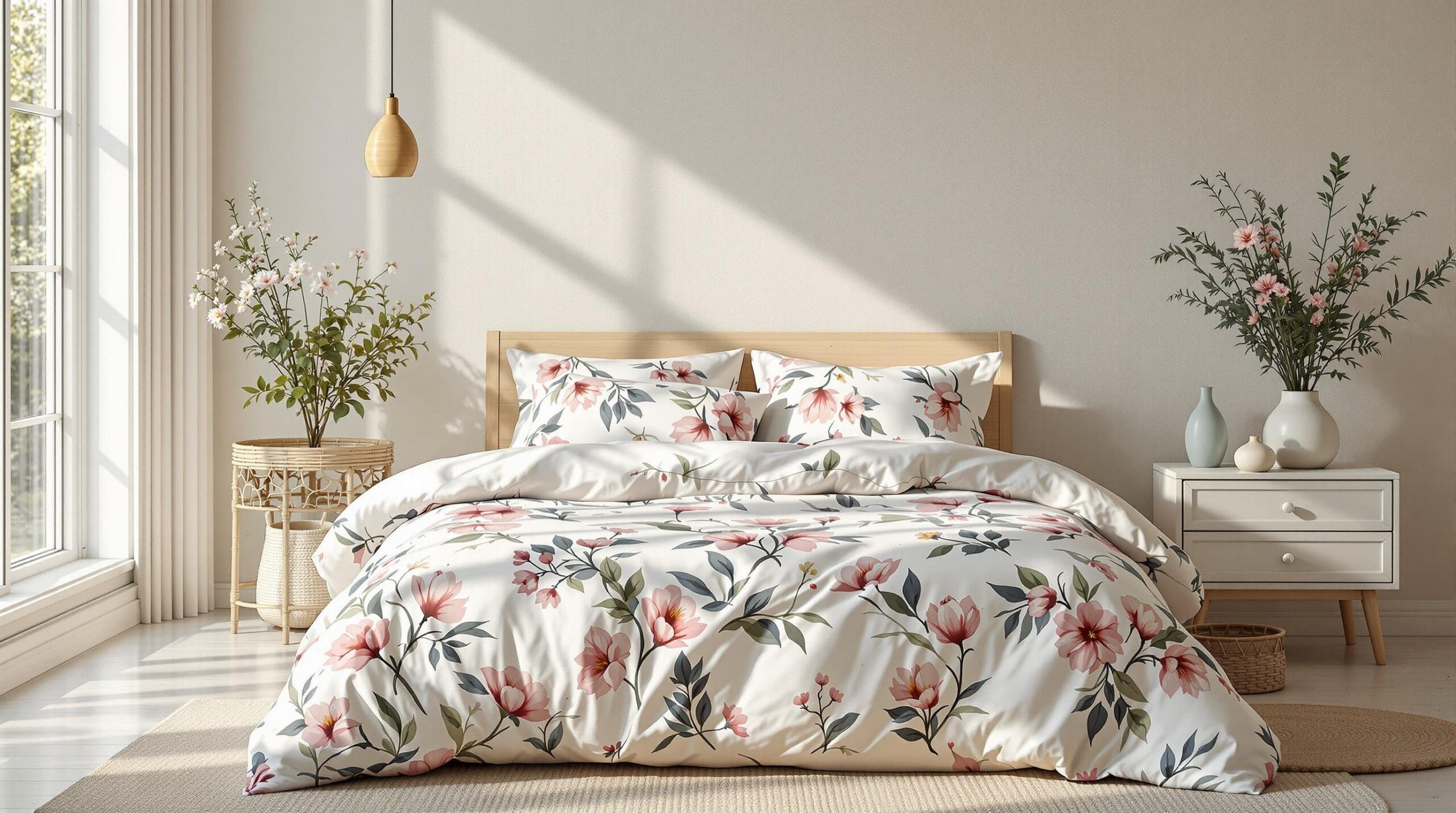 Slaapkamer met handgeschilderde florale dekbedovertrekken in pastelkleuren en ademende stoffen zoals katoen-satijn en percale katoen.