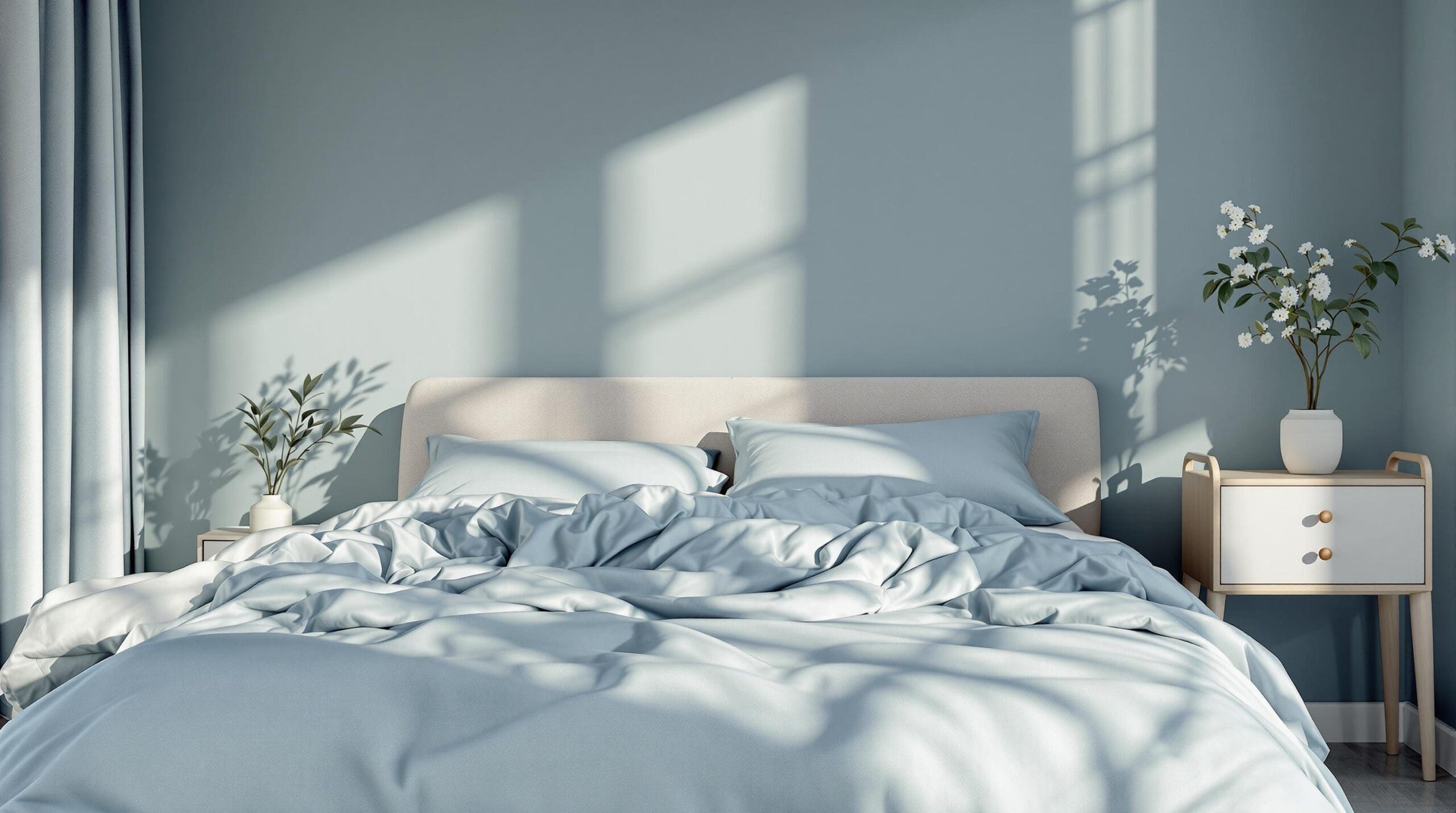 Een luxe en duurzaam dekbedovertrek van Beddinghouse in een rustgevende slaapkamer met zachte blauwgrijze muren en warme ochtendlicht.