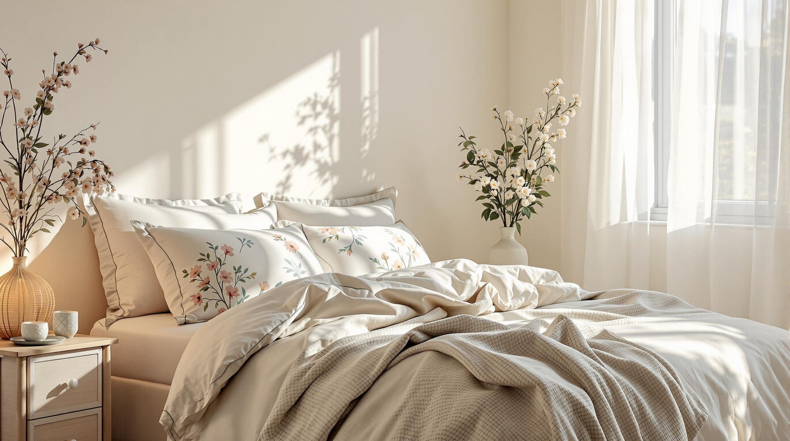 Een serene en uitnodigende slaapkamer met een zachte, warme uitstraling. Het ochtendzonlicht valt langzaam door halfopen, naturale linnen gordijnen en creëert een speelse dans van licht en schaduw op een bed met een elegant dekbedovertrek van wit katoen, bedekt met een verfijnde bloemenprint in zachte aquareltinten.