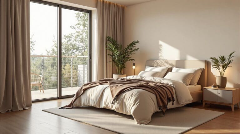 Een serene slaapkamer met een lichte, rustgevende uitstraling in poederachtige tinten zoals zacht beige en warm terra