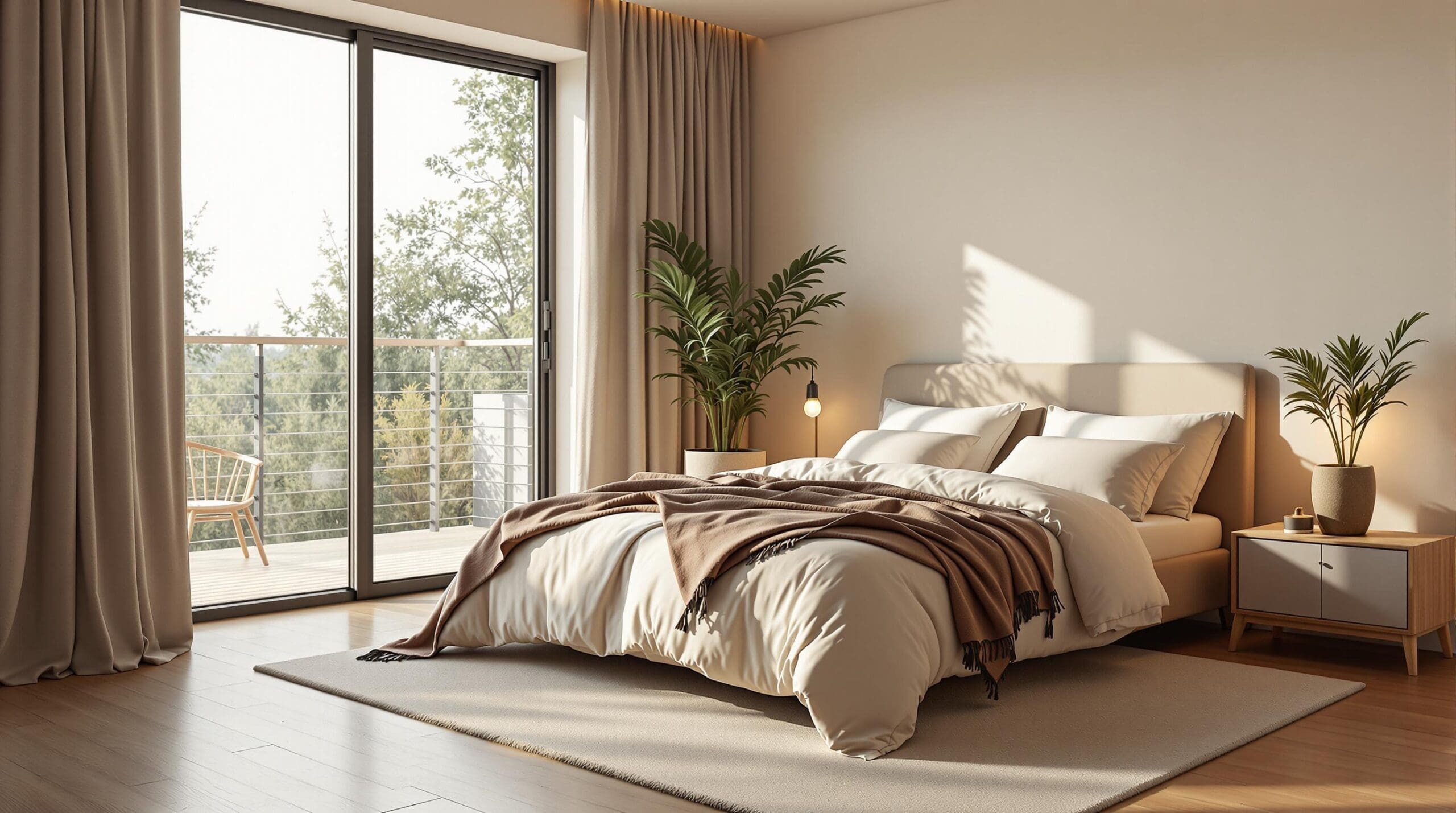 Een serene slaapkamer met een lichte, rustgevende uitstraling in poederachtige tinten zoals zacht beige en warm terra