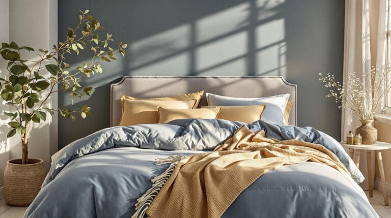 Een serene slaapkamer met een luxe uitstraling, waar de focus ligt op een prachtig bed met een Kardol dekbedovertrek in diepblauw met gouden accenten. Het dekbedovertrek straalt schoonheid en vakmanschap uit.