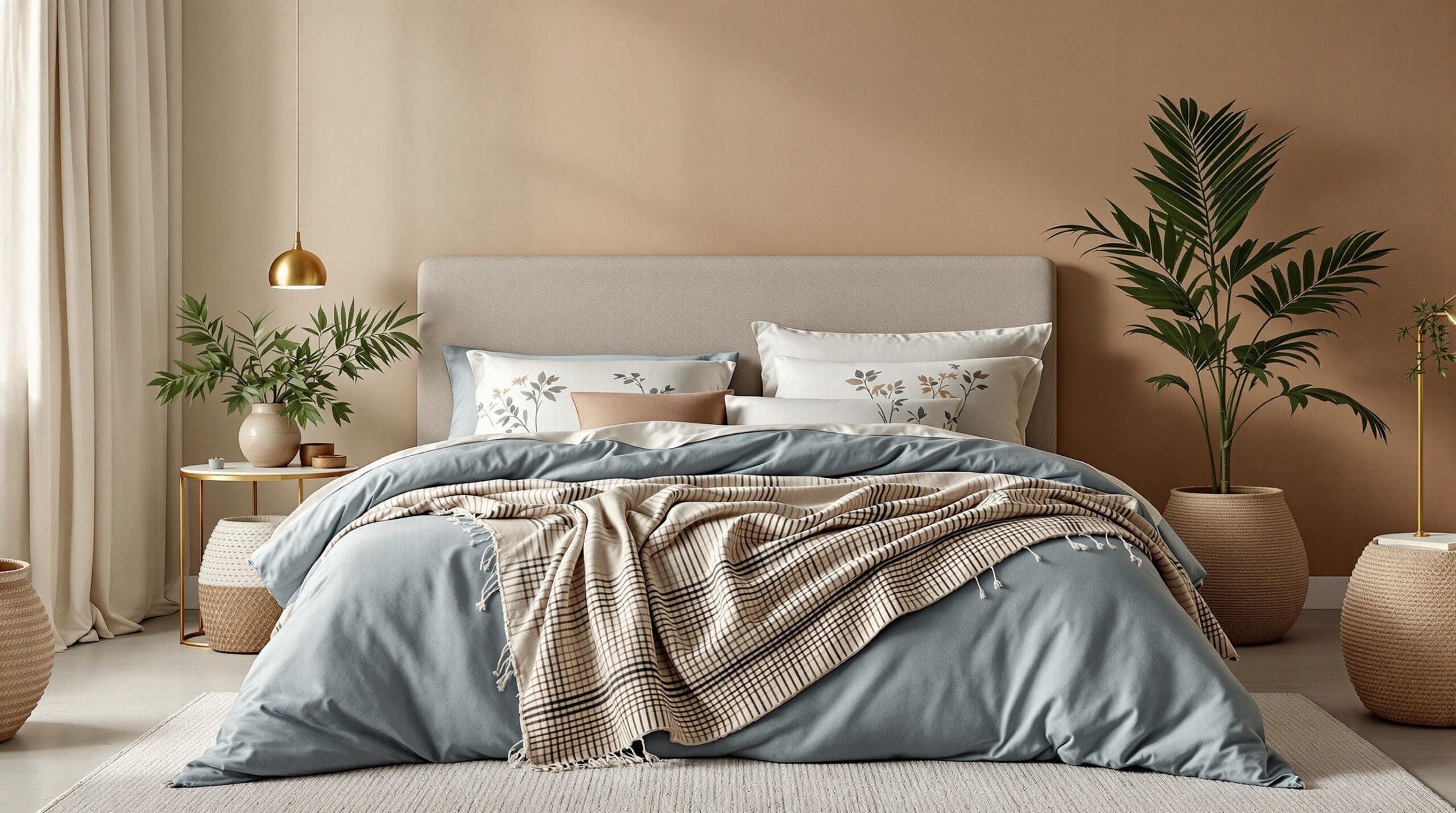 Een serene slaapkamer met een luxurious beddengoed dat uitnodigt tot ontspanning.