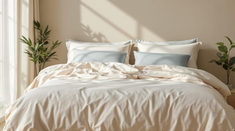 Een serene slaapkamer met een warm, uitnodigend bed dat is opgemaakt met een duurzaam dekbedovertrek van biologisch katoen in een elegante crème kleur.