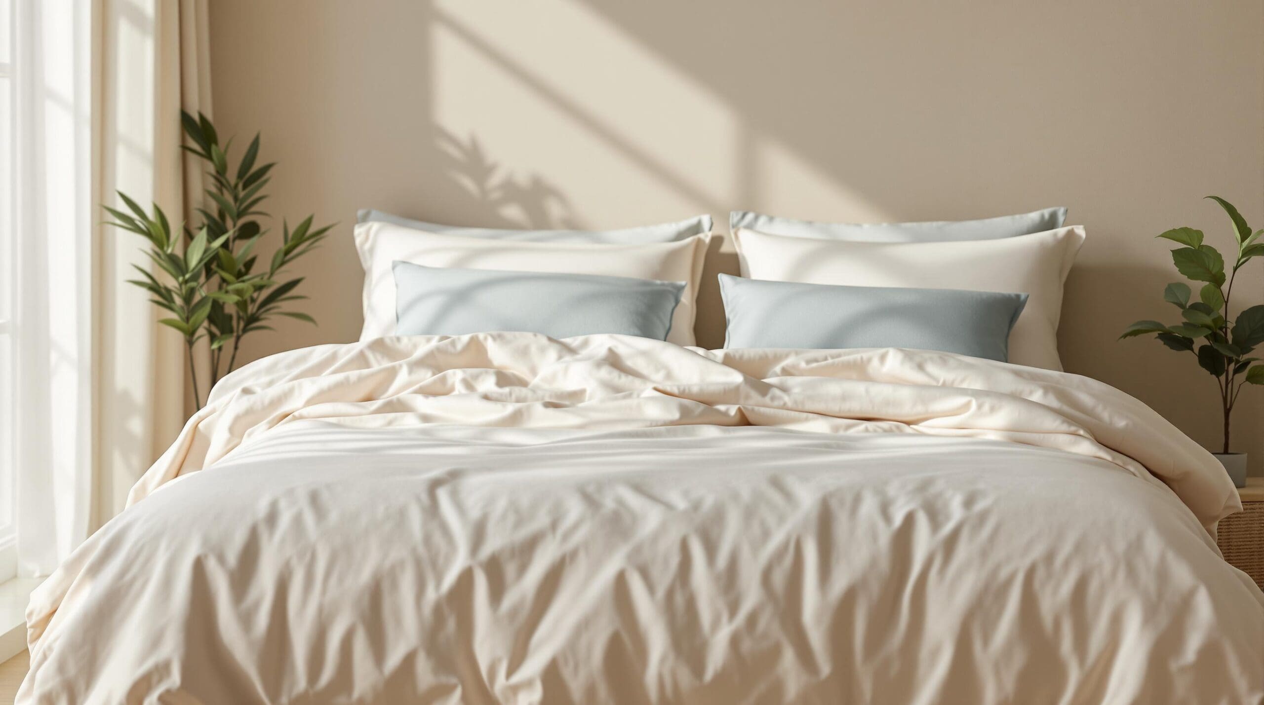 Een serene slaapkamer met een warm, uitnodigend bed dat is opgemaakt met een duurzaam dekbedovertrek van biologisch katoen in een elegante crème kleur.