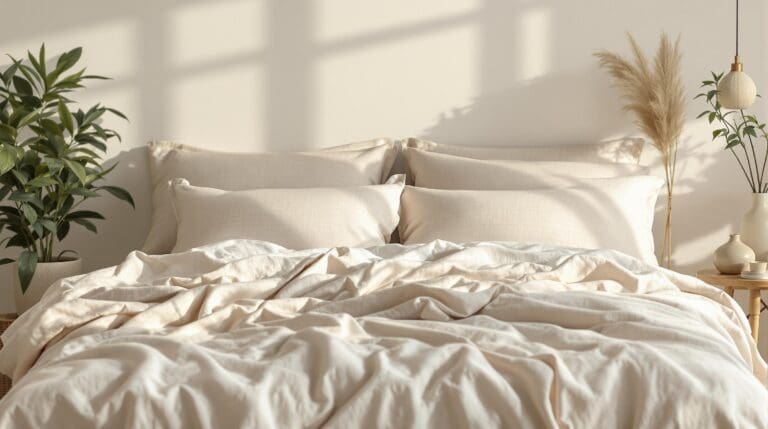 Een serene slaapkamer met katoensatijnen beddengoed in warme tinten en natuurlijke accenten.