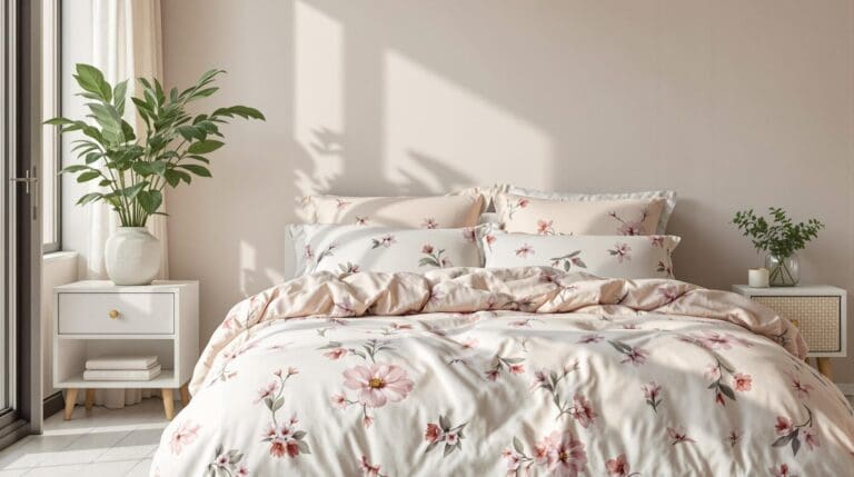 Een serene slaapkamer met poederroze dekbedovertrek, lentezon en een groene plant op het nachtkastje.