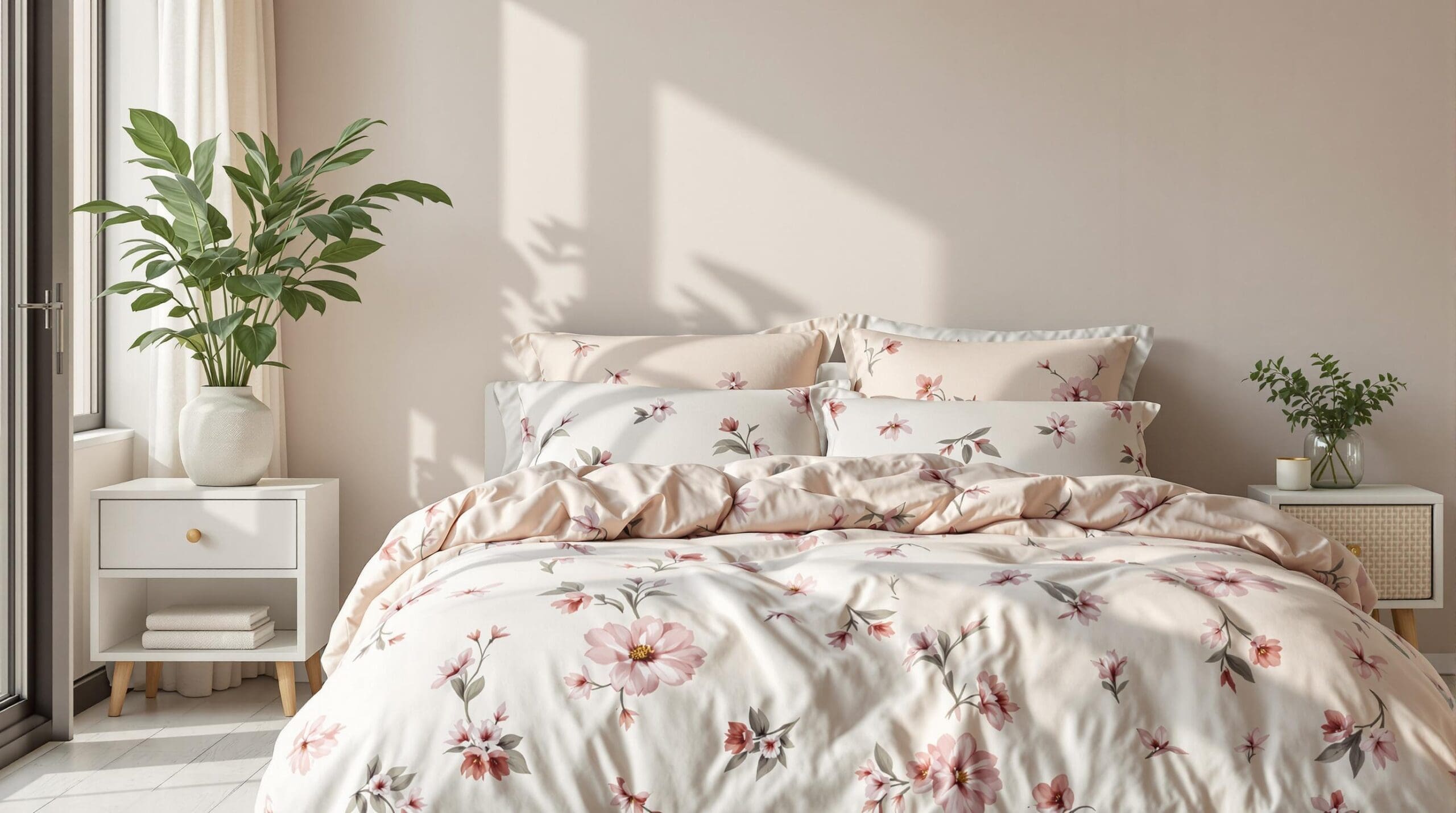 Een serene slaapkamer met poederroze dekbedovertrek, lentezon en een groene plant op het nachtkastje.