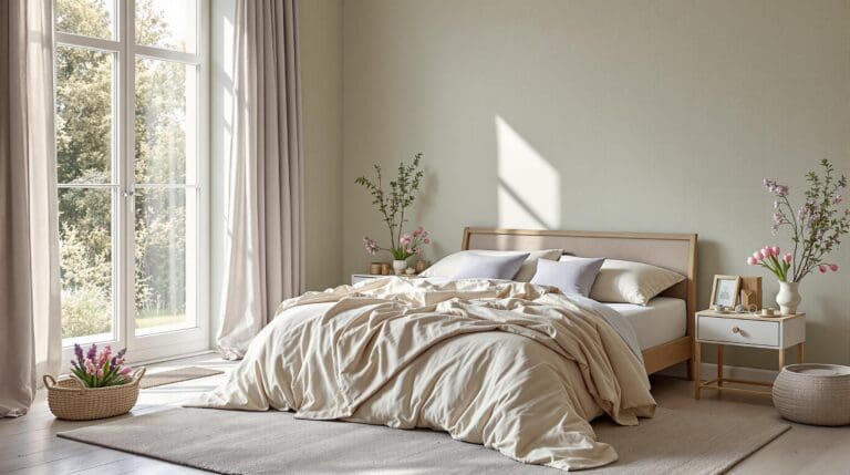 Een serene slaapkamer setting met een crèmekleurig dekbed met lavendeltint en zachte lentekleuren zoals saliegroen en zacht lila. Luchtig licht stroomt binnen via linnen gordijnen.