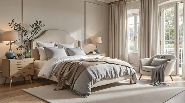 Een serene slaapkamer straalt rust en luxe uit, met een zacht ochtendlicht dat door de open ramen valt en de ruimte verwarmt. Het bed is aangekleed met diepgroen satijn en een taupekleurig linnen dekentje.