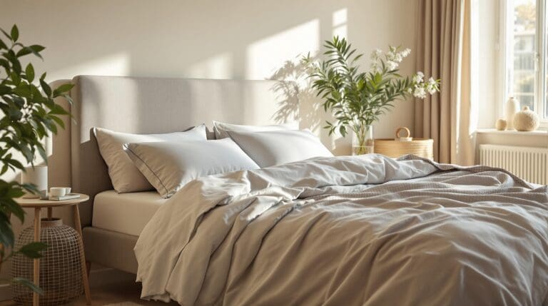 Een sfeervolle en uitnodigende slaapkamer, gevuld met duurzaam beddengoed in zachte, neutrale tinten zoals crèmekleurig en lichtblauw. Op een elegant opgemaakt bed ligt een dekbedovertrek van biologisch katoen en kussenslopen van bamboetextiel, allemaal met een OEKO-TEX-label. De kamer is warm verlicht door zacht, natuurlijk licht dat door een raam naar binnen stroomt, waardoor een gevoel van rust en harmonie ontstaat. In de achtergrond zijn eenvoudige, stijlvolle meubels te zien die de serene uitstraling van de ruimte aanvullen. De afbeelding straalt luxe en comfort uit en laat zien hoe duurzaam beddengoed niet alleen bijdraagt aan een betere wereld, maar ook een thuis creëert waarin men zich helemaal kan ontspannen. De hoge kwaliteit van de afbeelding zorgt voor een realistische weergave, met aandacht voor textuur en detail.