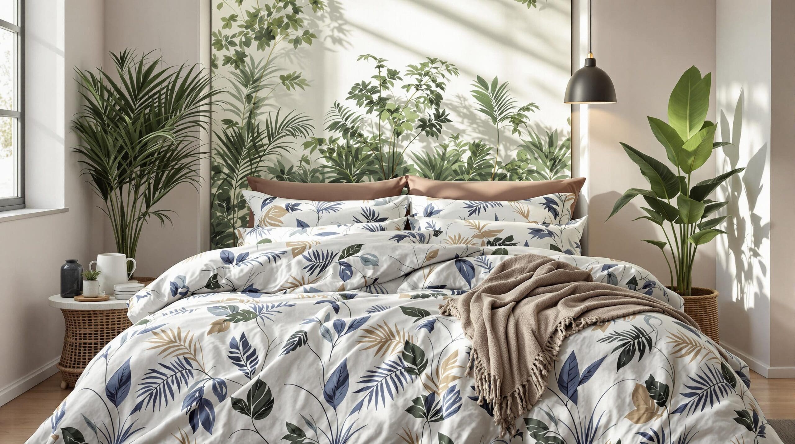 Een sfeervolle slaapkamer met Beddinghouse-bedtextiel in zand- en blauwtinten, badend in zacht ochtendlicht.