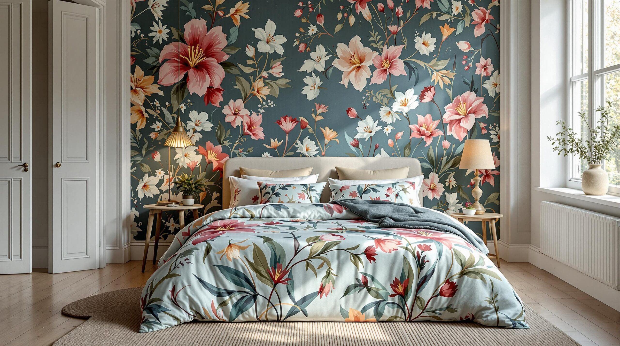 Een sfeervolle slaapkamer met een kleurrijk Oilily-dekbedovertrek, omringd door rustgevende zandkleurige muren en natuurlijke accenten.