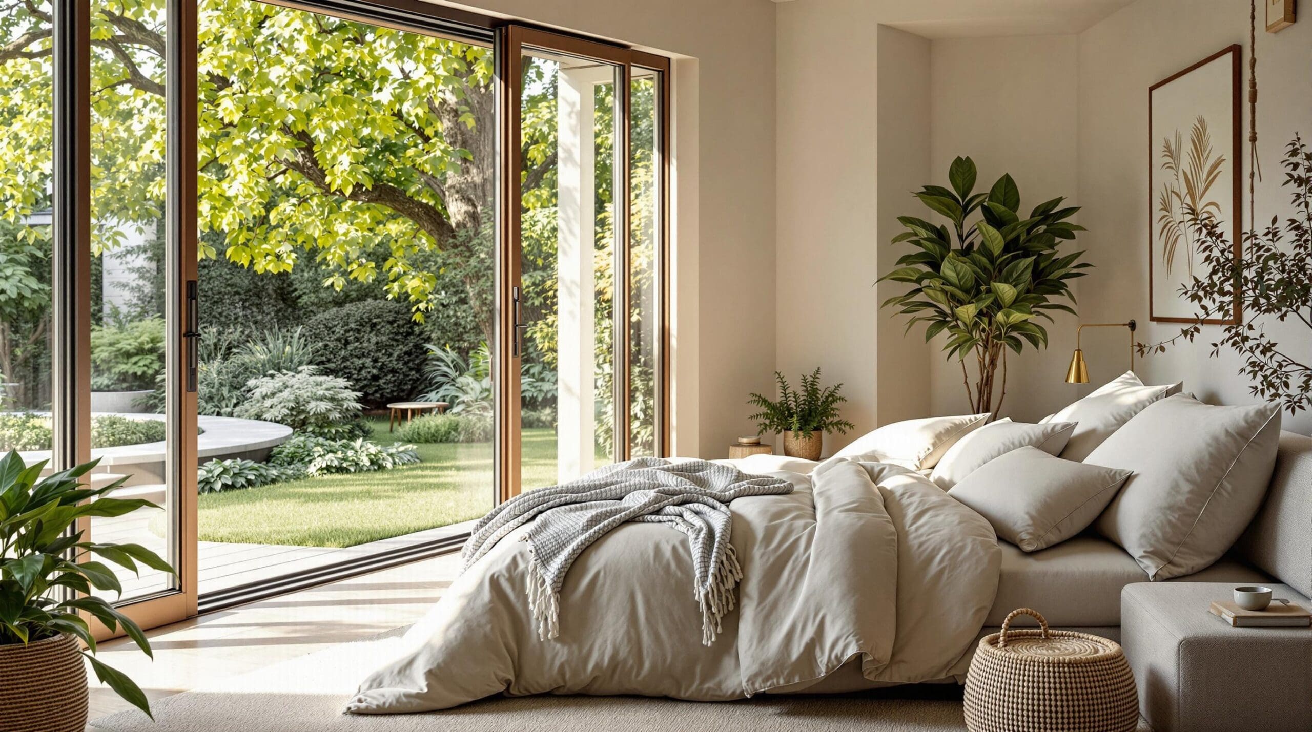 Een sfeervolle slaapkamer met grote ramen die opengaan naar een weidse, groene tuin, waar de zachte lentelucht binnenstroomt. Op het bed ligt luxe beddengoed van biologisch katoen in warme, subtiele kleuren zoals crème en diepblauw, met een elegant design dat tijdloosheid uitstraalt. De kussens zijn rijkelijk gevuld en dragen het BCI-keurmerk, waardoor ze niet alleen comfortabel zijn, maar ook een statement maken over duurzaamheid.