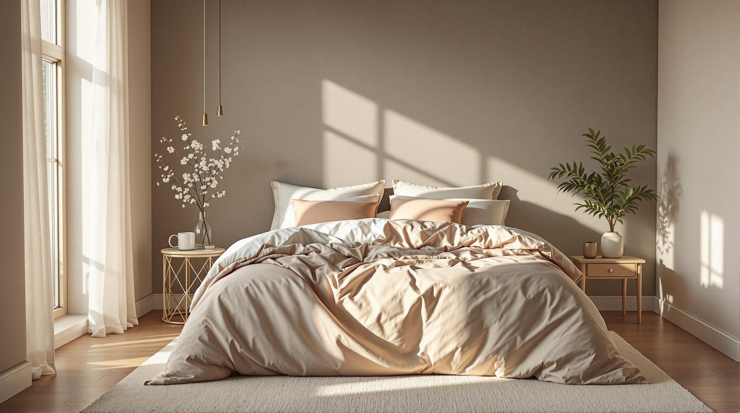 Luxueuze slaapkamer met een dekbedovertrek van biologisch katoen in zachte aardetinten, zonlicht valt op het bed.