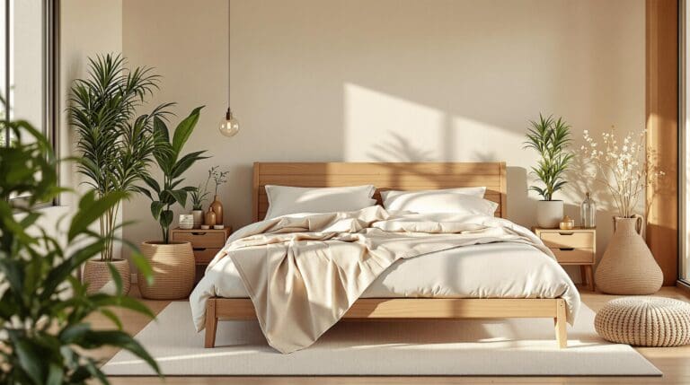 Serene, duurzame slaapkamer met houten bedconstructie en biologisch katoenen beddengoed