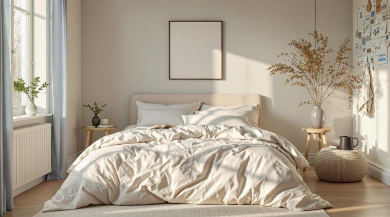 Sfeervolle slaapkamer in de ochtend met luxe duurzaam beddengoed in nachtblauw en crème