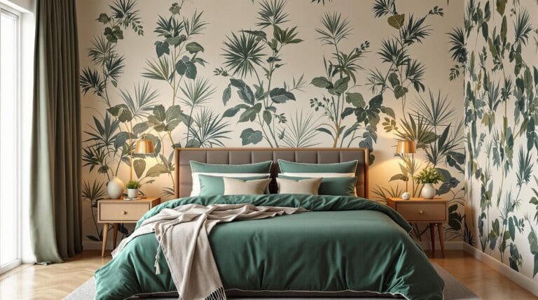 Slaapkamer met een diepgroen dekbedovertrek van Droomtextiel, tropische kussens en warme rotan verlichting.