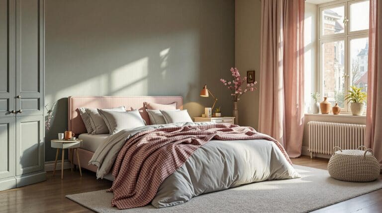 Slaapkamer met kleurrijk Oilily-dekbedovertrek en zachte poedertinten op de muur