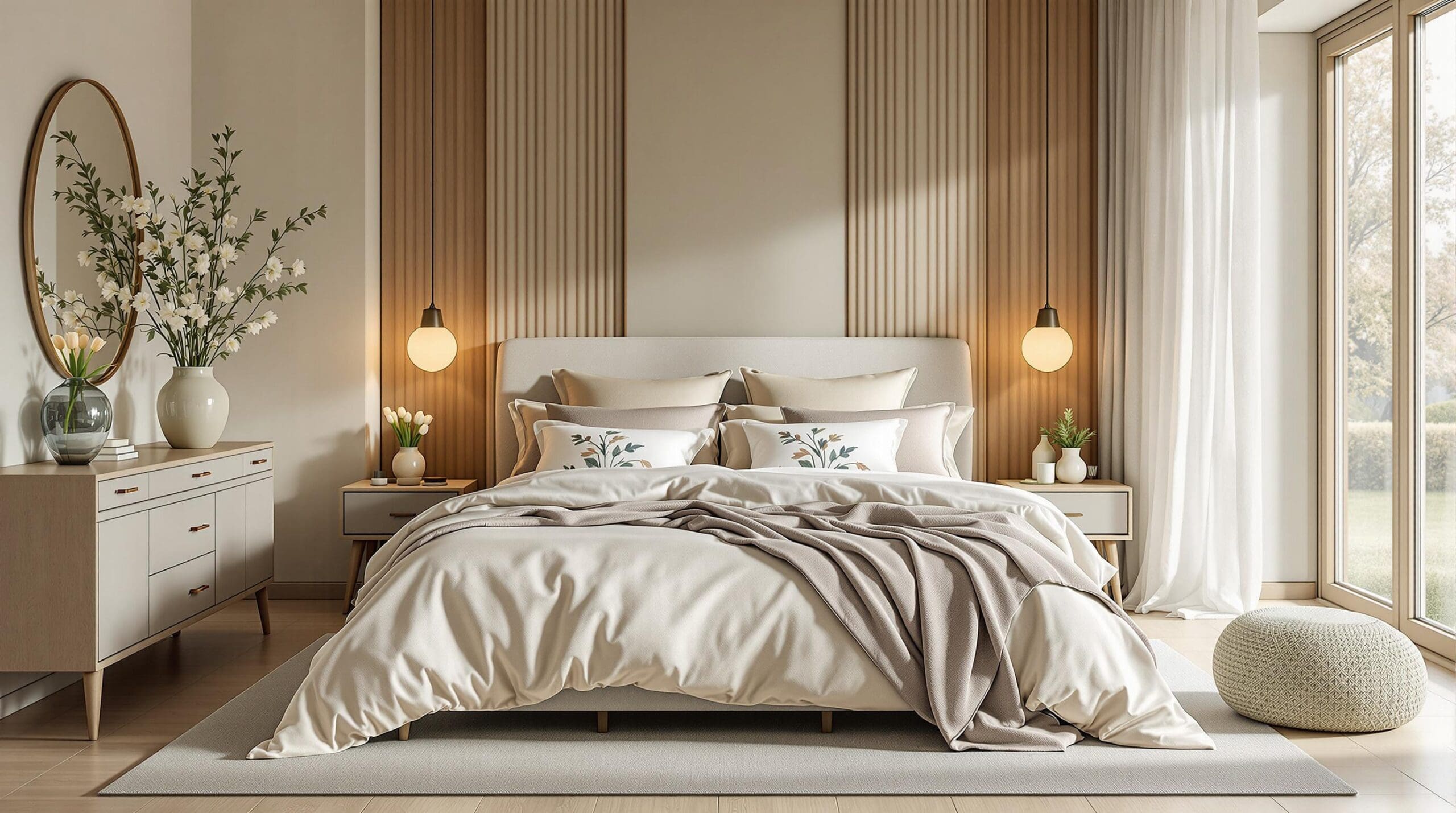 Slaapkamer met lichtbeige dekbedovertrek van katoen satijn gecombineerd met zachte pasteltinten in sierkussens, groene planten en een luchtige sprei