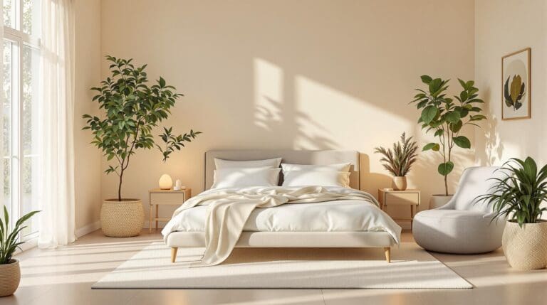 De afbeelding toont een serene slaapkamer die de essentie van wellness en rust uitstraalt. De kamer is aangekleed in zachte crème- en blauwtinten met bedlinnen van Droomtextiel.