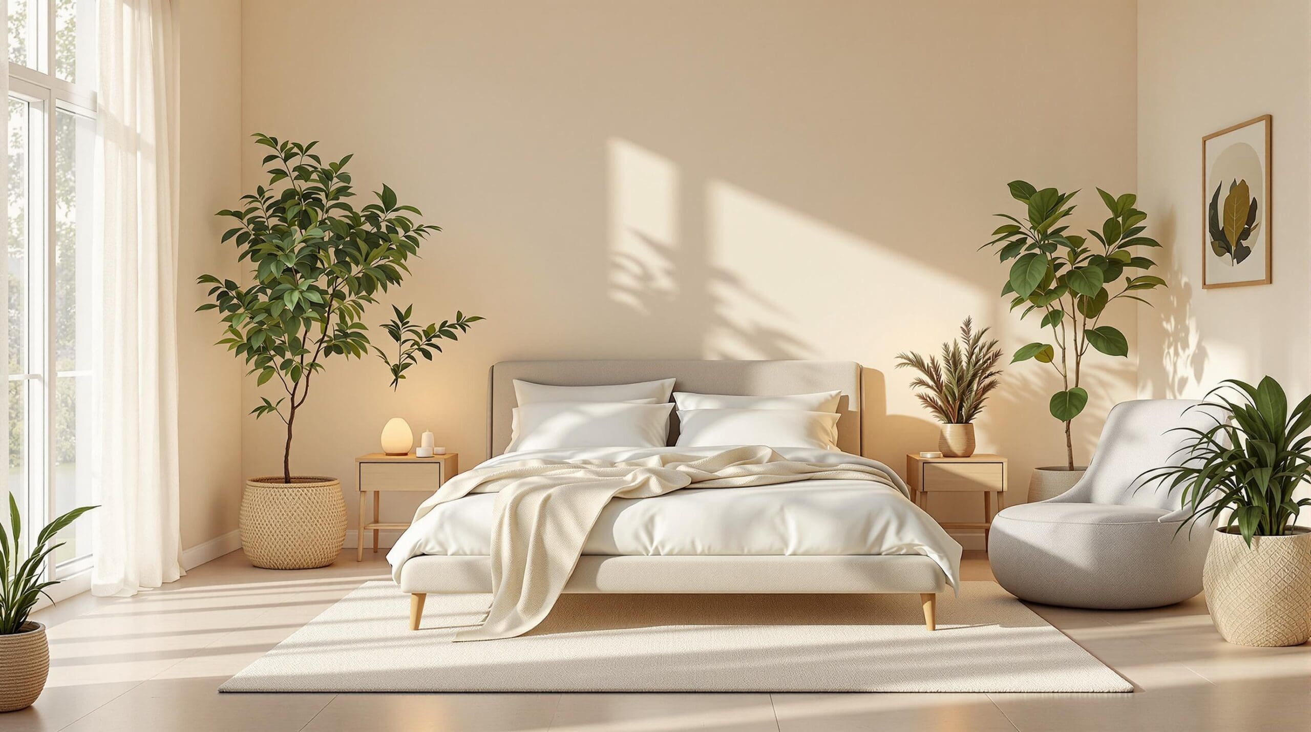 De afbeelding toont een serene slaapkamer die de essentie van wellness en rust uitstraalt. De kamer is aangekleed in zachte crème- en blauwtinten met bedlinnen van Droomtextiel.