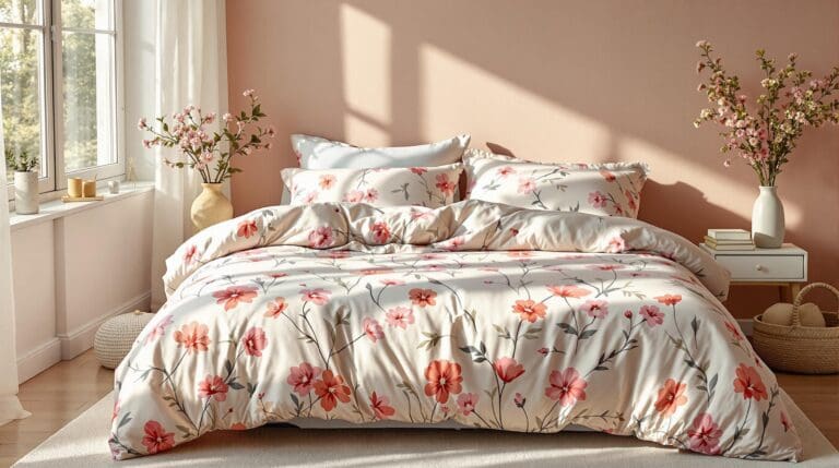 Dekbedovertrek met bloemenprint in pastelkleuren, beschenen door zonlicht in sfeervolle slaapkamer