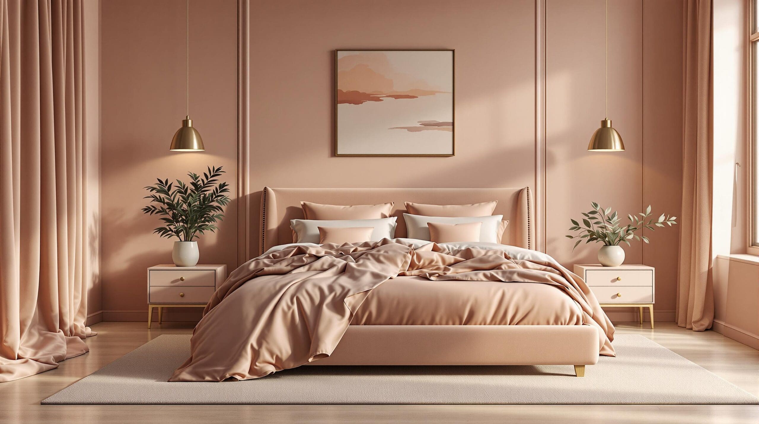 Een luxueuze slaapkamer in zachte, rustgevende kleuren zoals poederroze en warm beige, met een elegant bed dat is opgemaakt met een hoogwaardig Egyptisch katoenen dekbed en sierkussens in lagen.