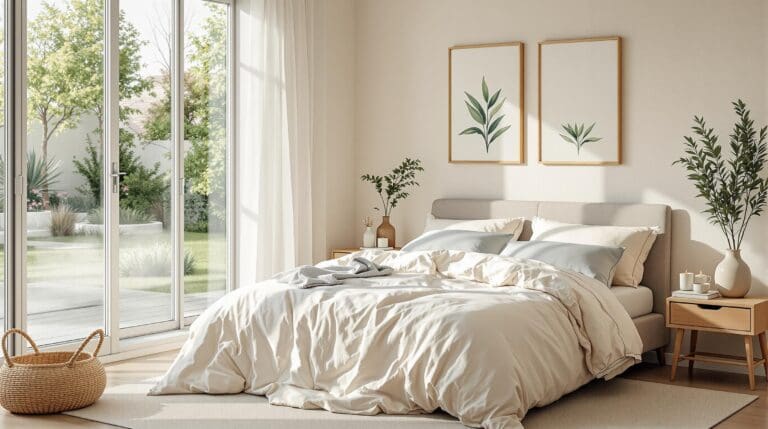 Een serene en warme slaapkamer met luxe eco-vriendelijk beddengoed van biologisch katoen en Tencel.