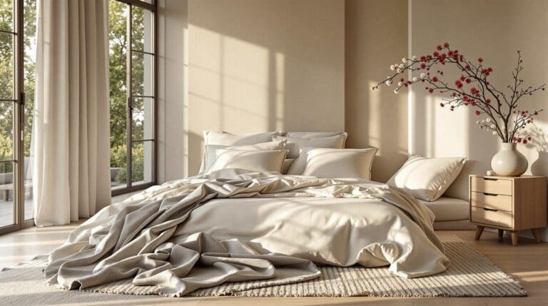 Een serene slaapkamer die de luxe en rust van een hotel uitstraalt. Het bed is perfect opgemaakt met strakke, crème-kleurige lakens van hoge kwaliteit, gecombineerd met een licht glanzende katoensatijnen dekbedovertrek dat uitnodigend en zacht aanvoelt.