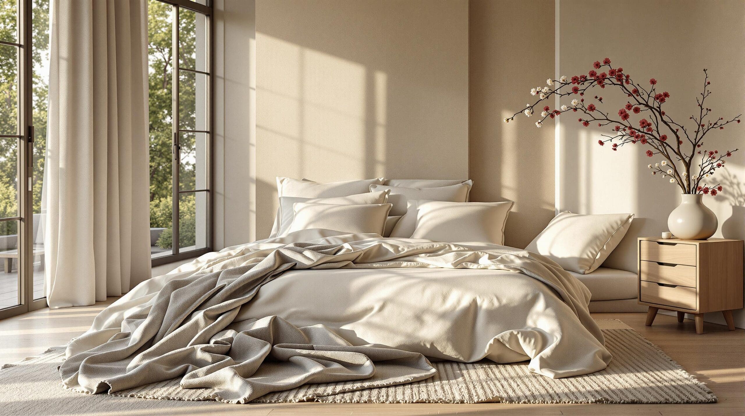 Een serene slaapkamer die de luxe en rust van een hotel uitstraalt. Het bed is perfect opgemaakt met strakke, crème-kleurige lakens van hoge kwaliteit, gecombineerd met een licht glanzende katoensatijnen dekbedovertrek dat uitnodigend en zacht aanvoelt.