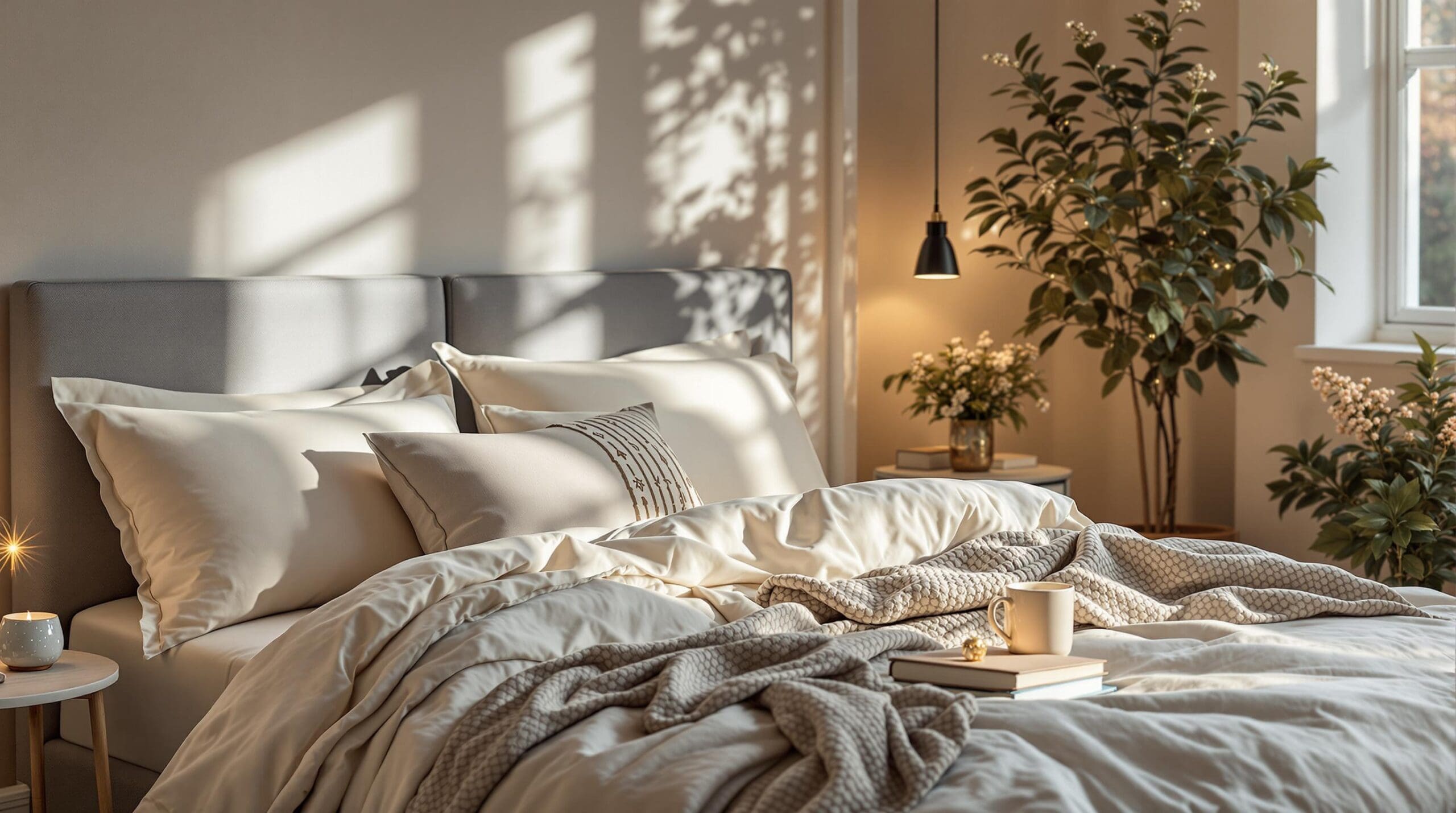 Een serene slaapkamer met luxe beddengoed en rustgevende kleuren