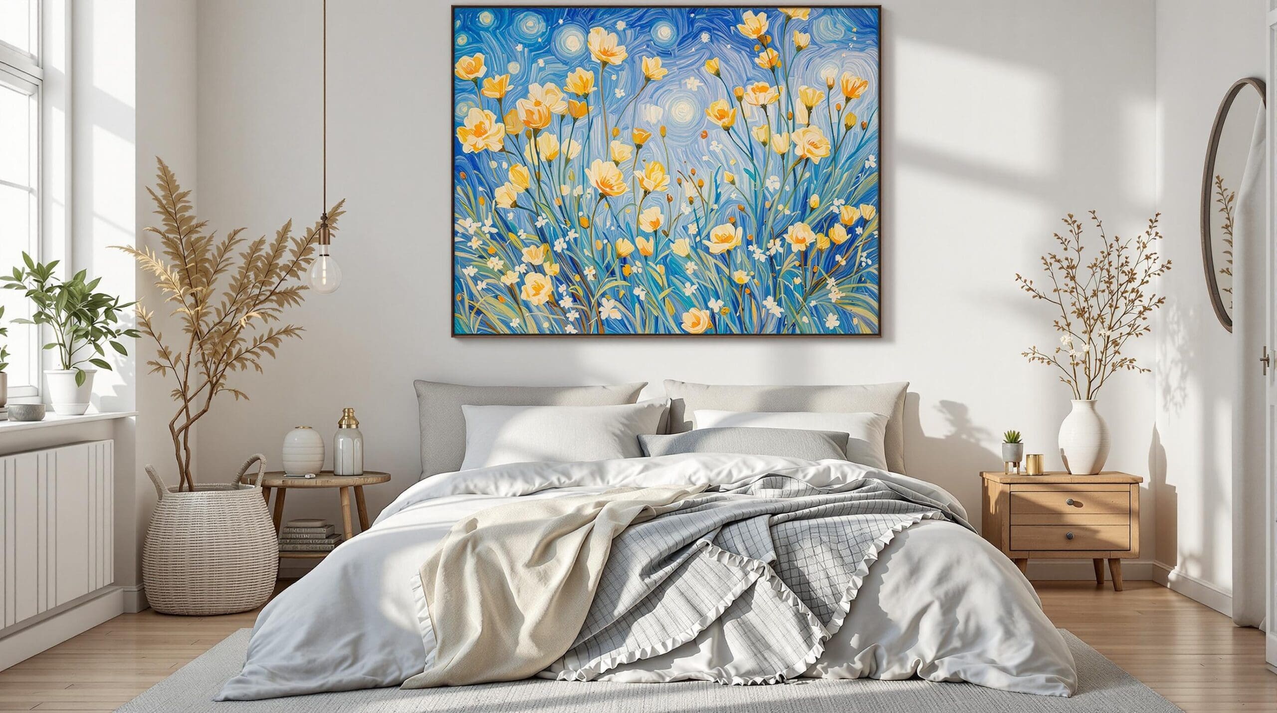 Een serene slaapkamer met natuurlijk licht en een 'Amandelbloesem' Van Gogh dekbedovertrek in zachte blauwtinten.
