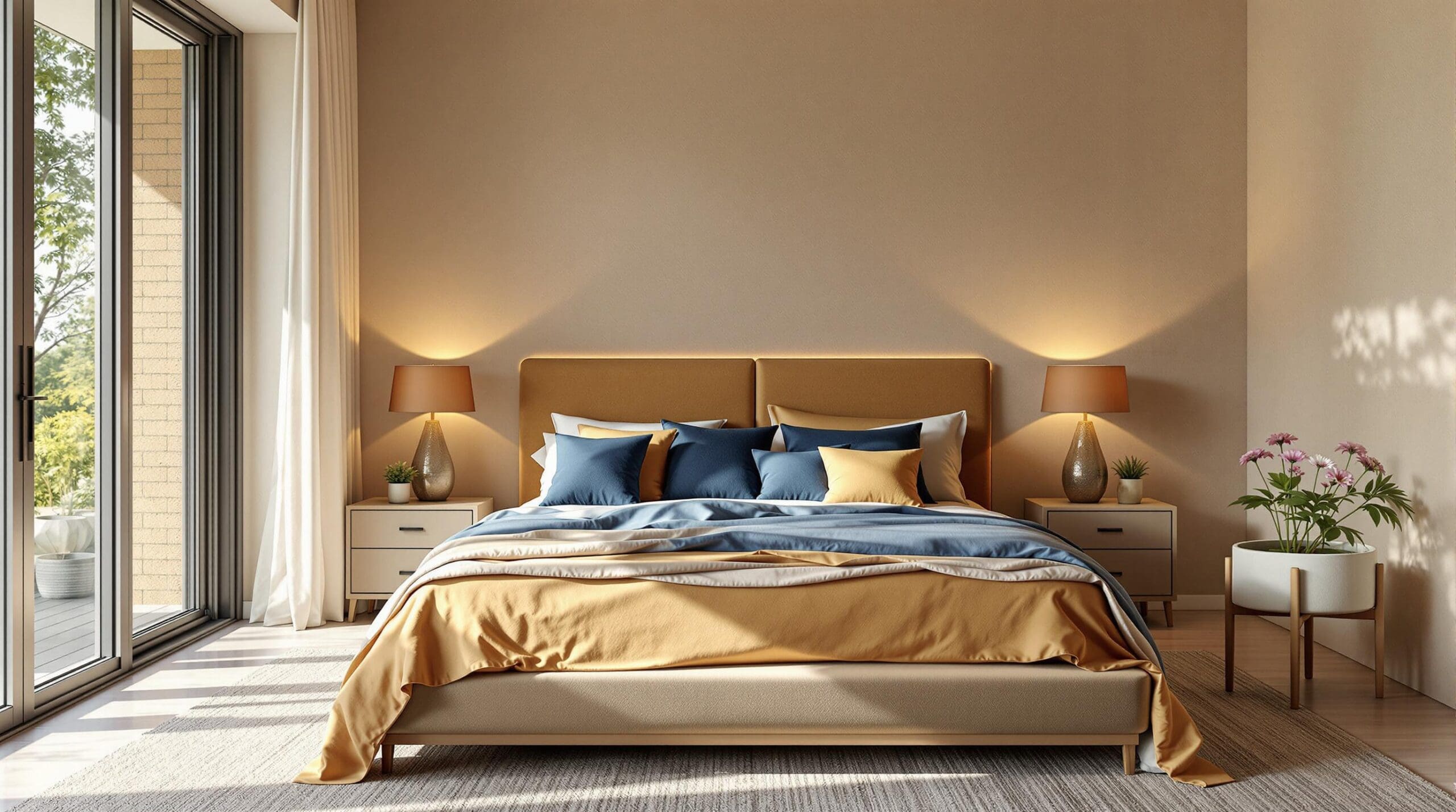 Een serene slaapkamer waarin de ochtendzon zachtjes door het zijden gordijn valt. Een luxe bed met hoogwaardig katoensatijnen dekbedovertrek in diep nachtblauw en zachte zandtonen. De lakens lijken te ademen, soepel en uitnodigend, als een warme omhelzing. De ruimte straalt elegantie en comfort uit met subtiele geometrische patronen die een gevoel van diepgang geven. De perfecte afwerking en verborgen ritssluitingen getuigen van vakmanschap. Alles samen creëert een rustige, luxe sfeer, ideaal voor een stijlvol ritueel van slapen en ontwaken.