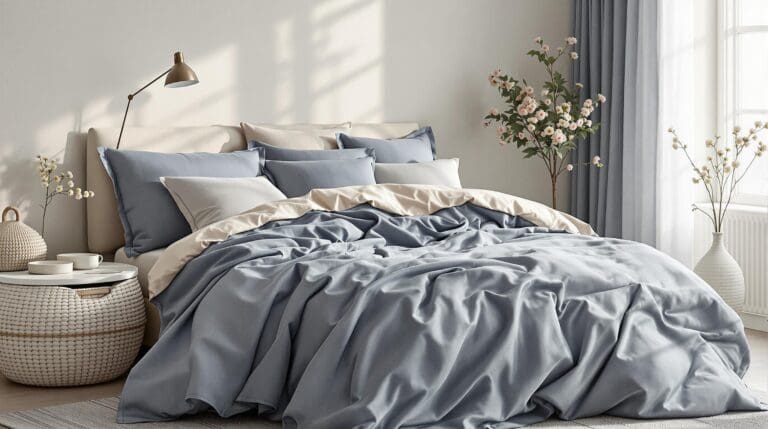 Een serene slaapkamer wordt prachtig ingericht met luxe beddengoed in zachte, natuurlijke tinten.