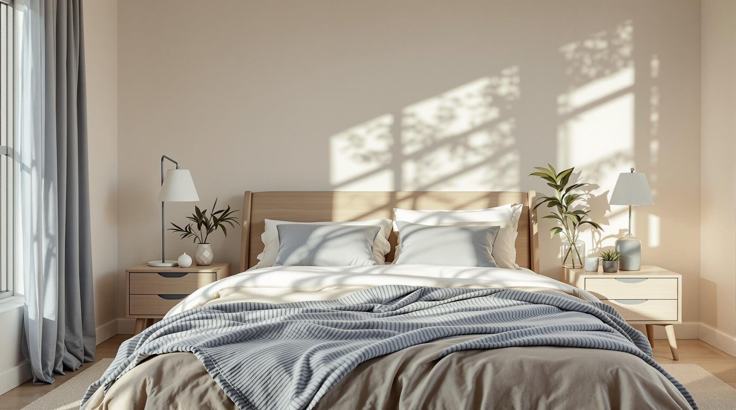Een sfeervolle afbeelding van een opgemaakt bed in een lichte, serene slaapkamer met katoensatijnen beddengoed en natuurlijke kleuren.