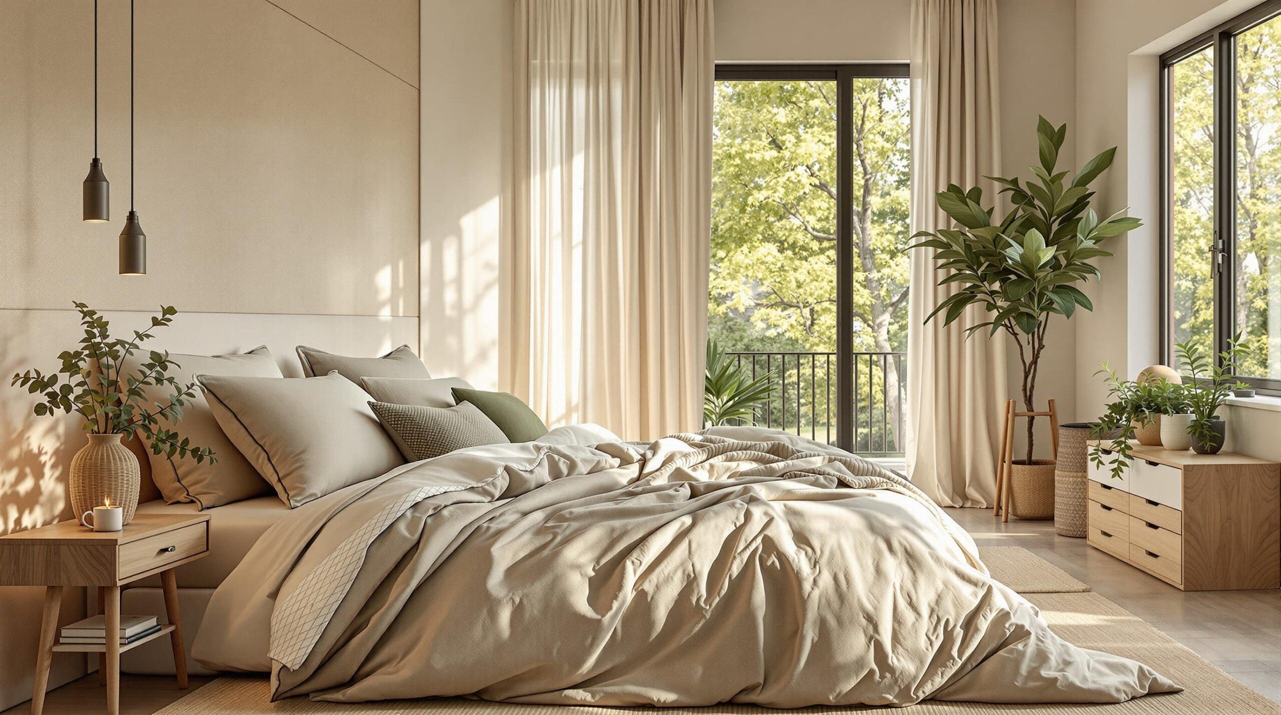 Een sfeervolle slaapkamer met een dekbedovertrek van gerecycled katoen in warme tinten crème en zand