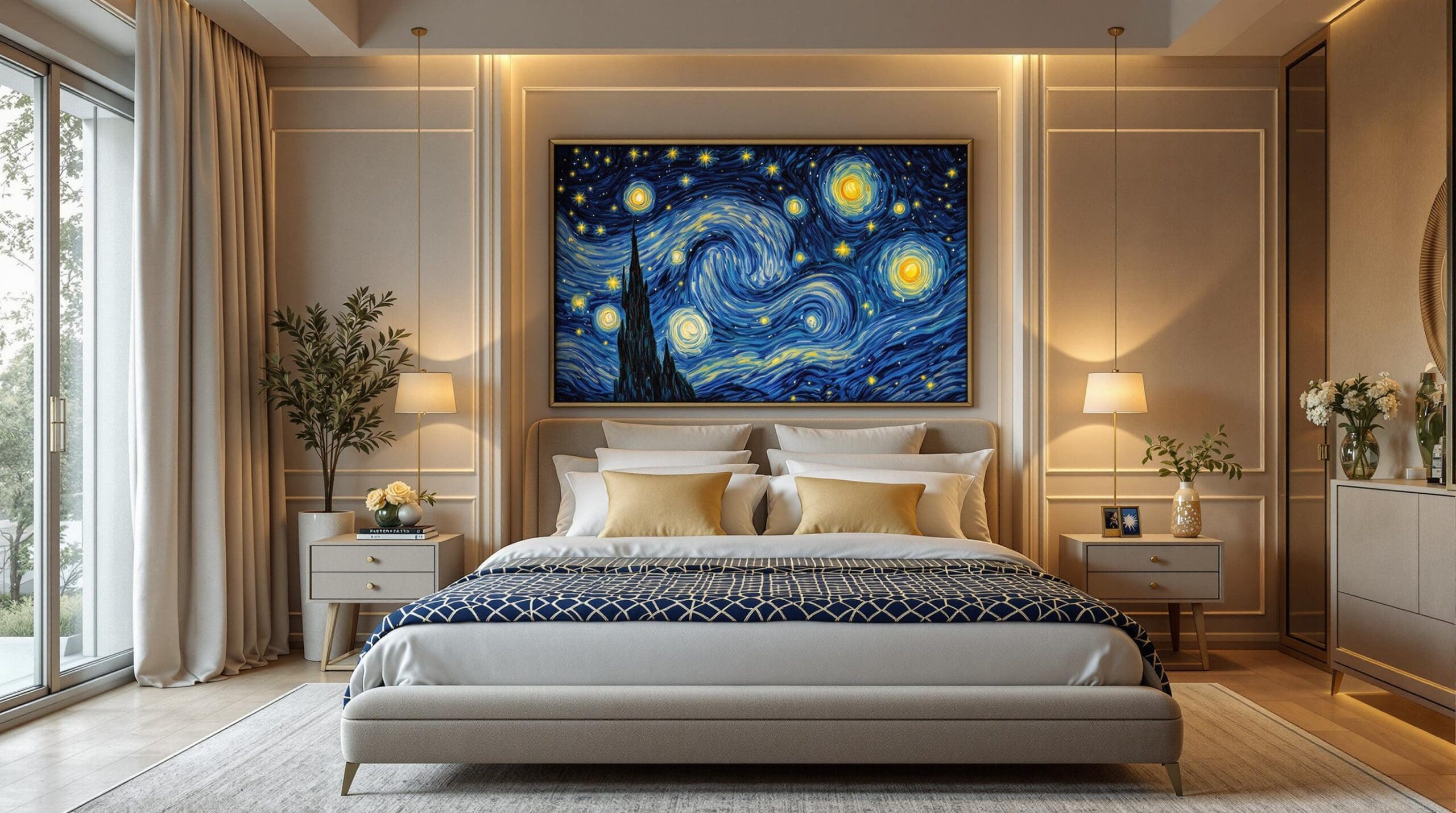 Een sfeervolle slaapkamer met een Van Gogh Sterrennacht dekbedovertrek, omgeven door sereniteit en warme verlichting.