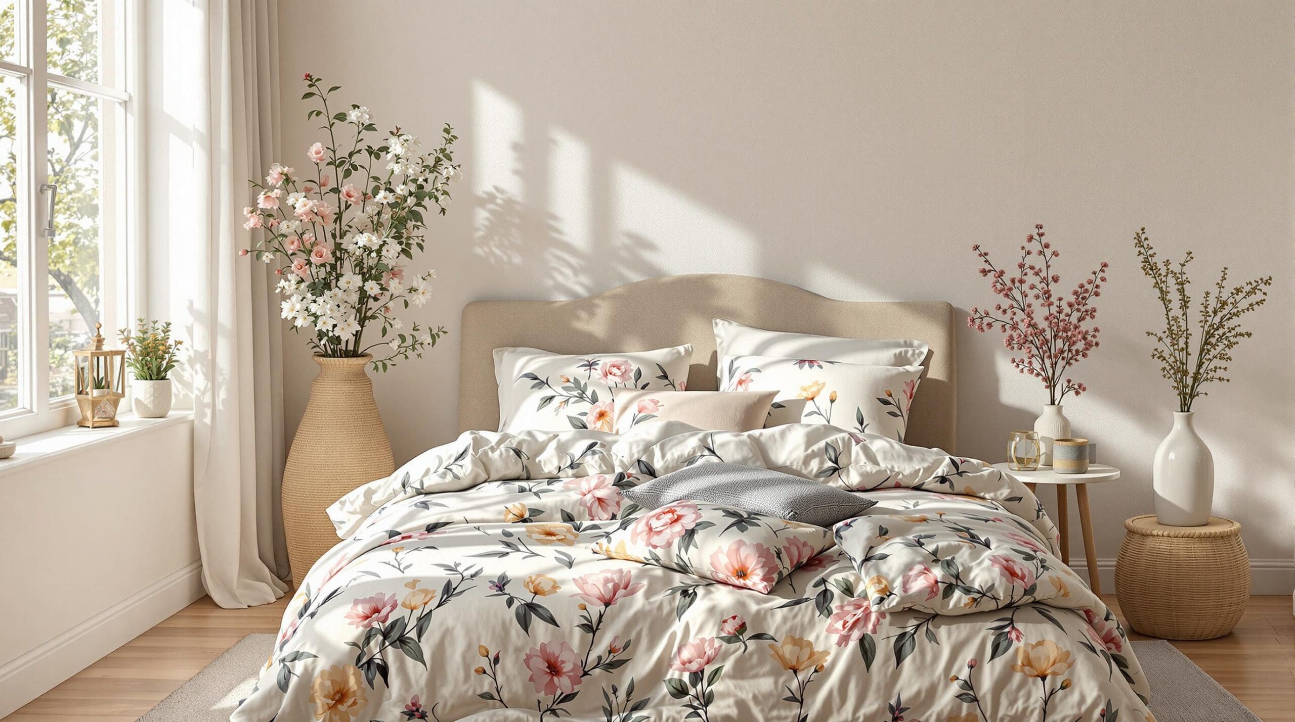 Een sfeervolle slaapkamer waarin natuurlijk licht naar binnen stroomt via een zachtgeel gordijn met bloemdecoraties die zich laten meevoeren door de lucht.