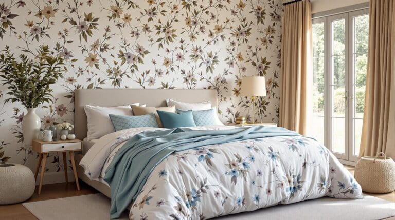 Een slaapkamer met een dekbedovertrek met zongele bloemen en een kussen in aquarelblauw, badend in zonlicht.