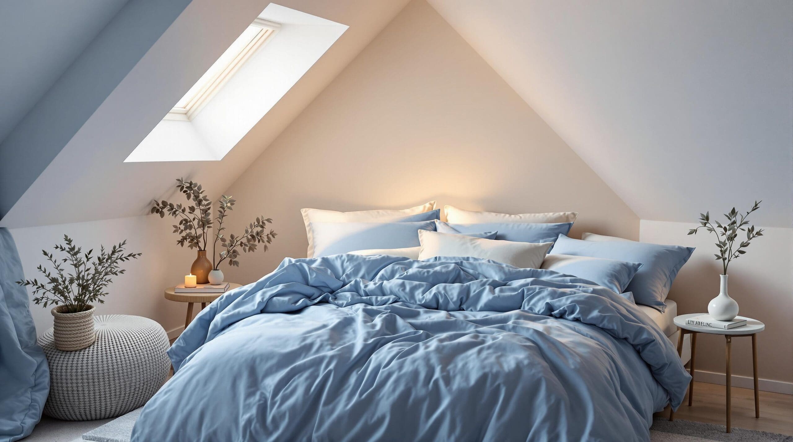 Luxe slaapkamer in zachte okertinten en blauw beddengoed, vanuit een hoge hoek gezien