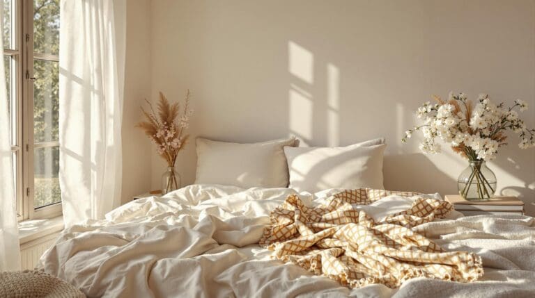 Serene slaapkamer met biologisch katoenen beddengoed op een zonnige ochtend
