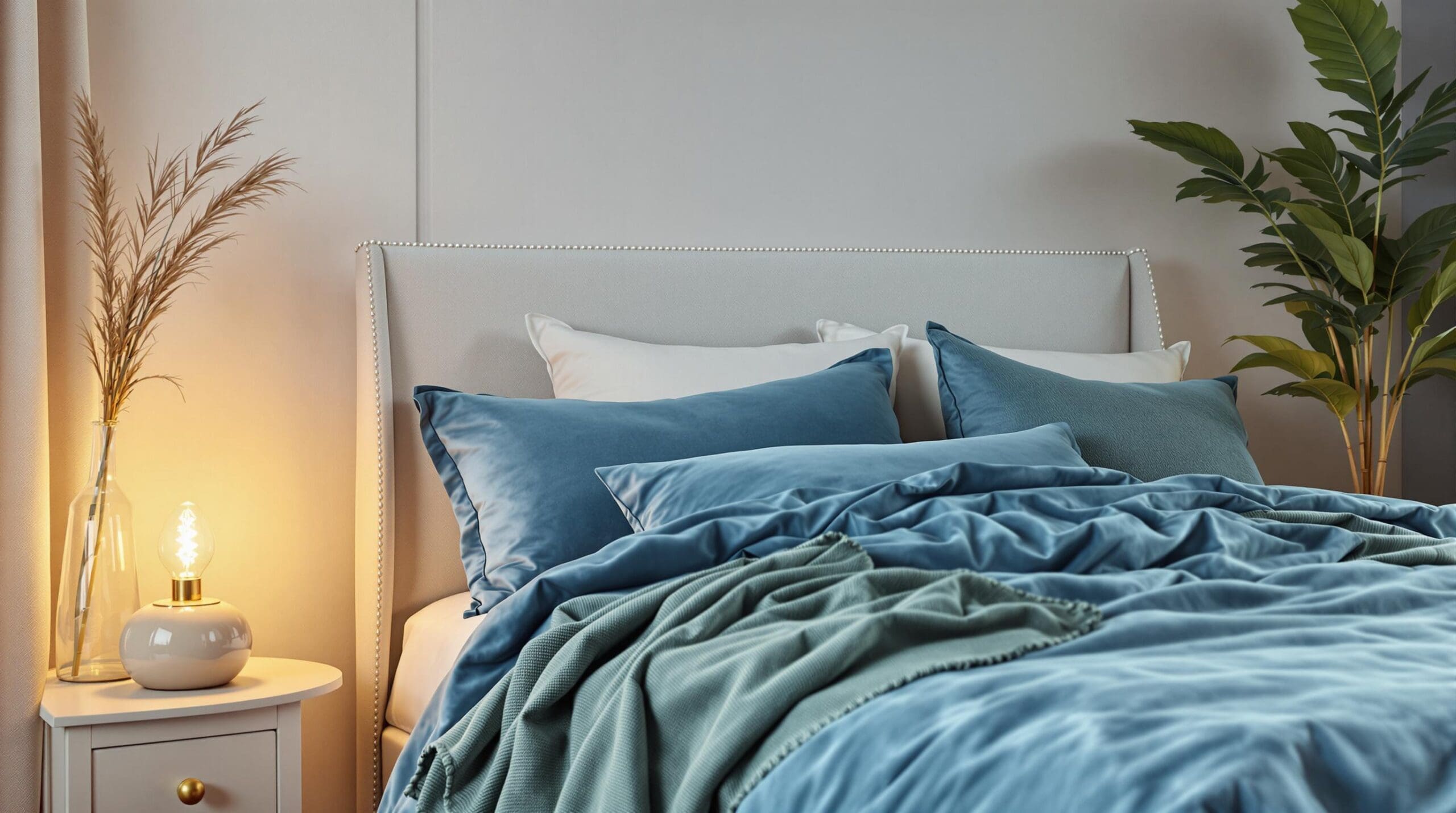 Serene slaapkamer met diepblauw dekbedovertrek, mosgroene plaid en warme verlichting