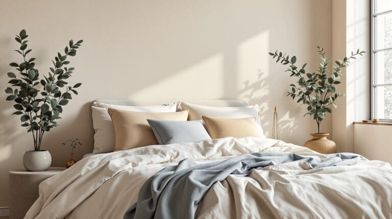 Sfeervolle slaapkamer met botanisch dekbedovertrek, eucalyptus en warme verlichting.