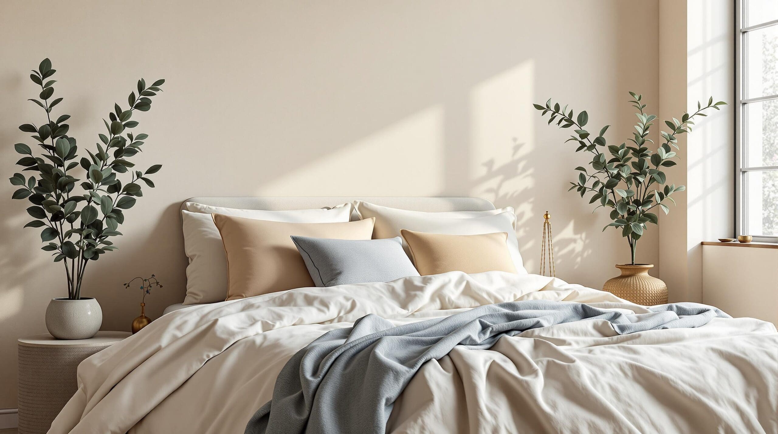 Sfeervolle slaapkamer met botanisch dekbedovertrek, eucalyptus en warme verlichting.