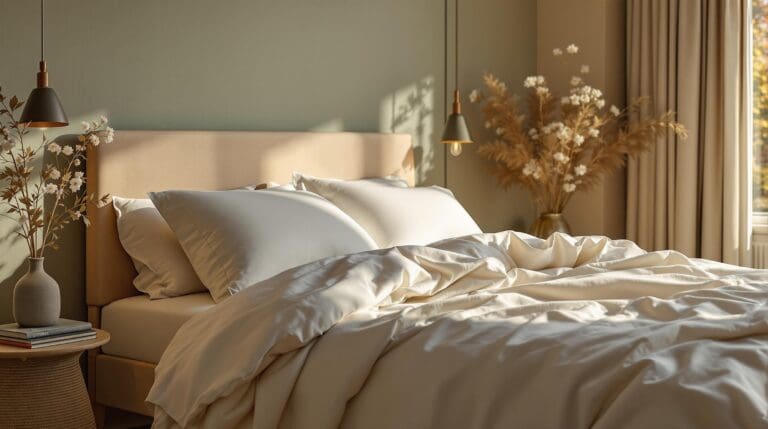 Sfeervolle slaapkamer met natuurlijk licht en rustgevende kleuren, voorzien van duurzaam beddengoed in aardetinten